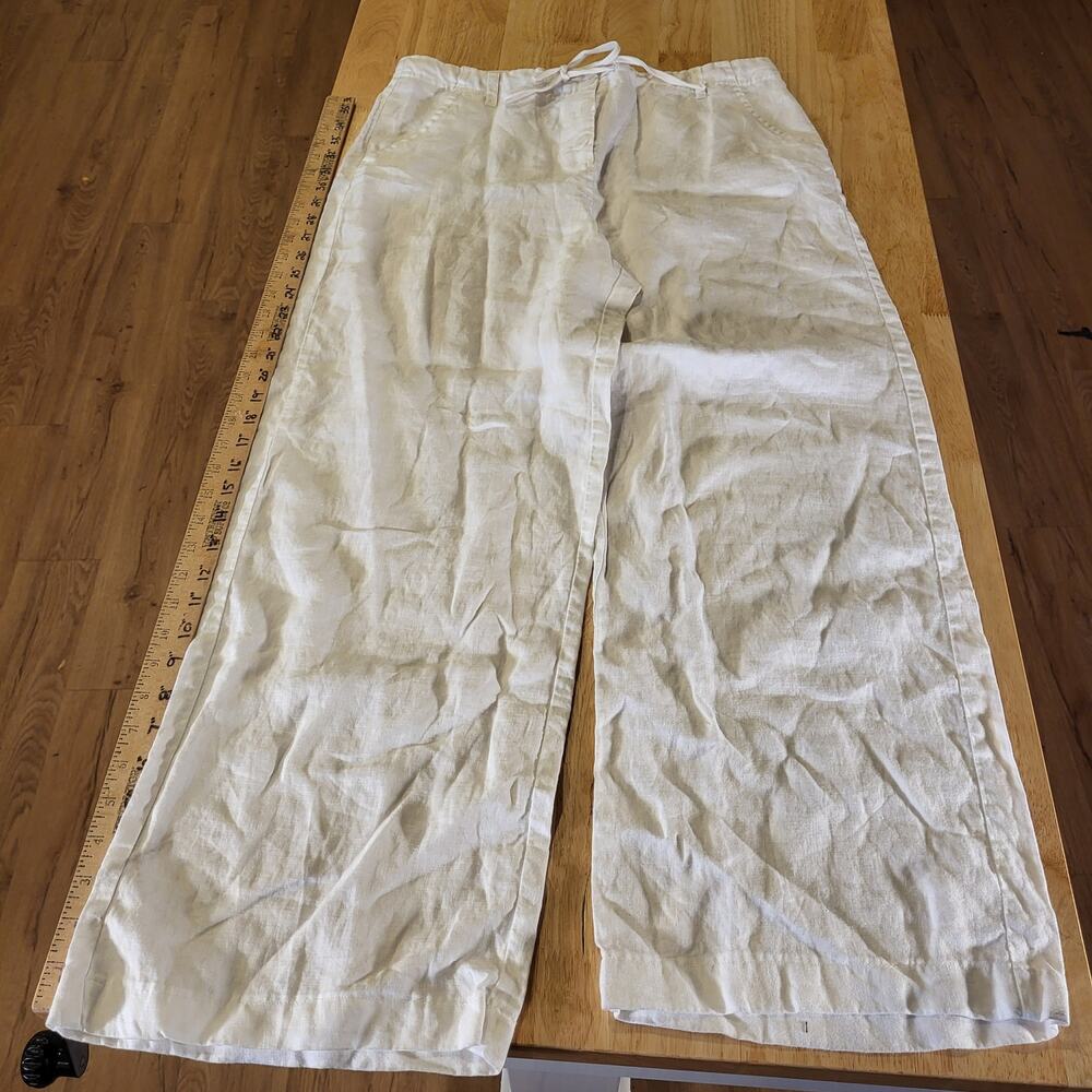 Sunny Leigh 100% Linen White Wide Leg Pants Adjustable Tie Waist Pockets